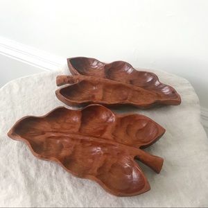 Set of 2 • Vintage Wooden Leaf Catch All Dishes